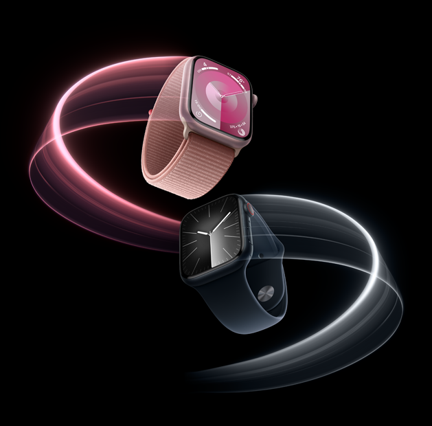 Een Apple Watch Series 9 die snel ronddraait.