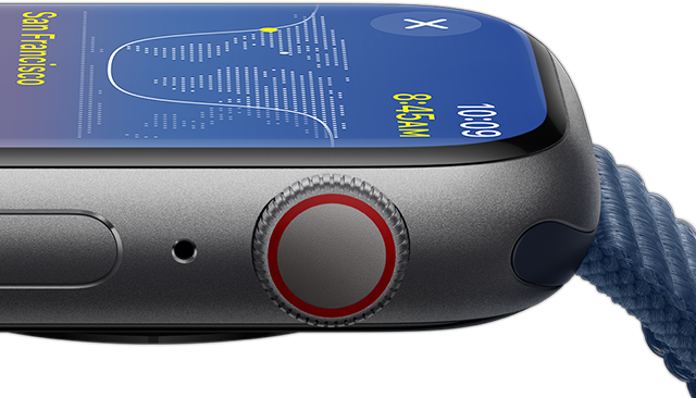Een zijaanzicht van Apple Watch met het heldere display.